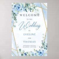 Ice blue floral eucalyptus & gold frame welcome