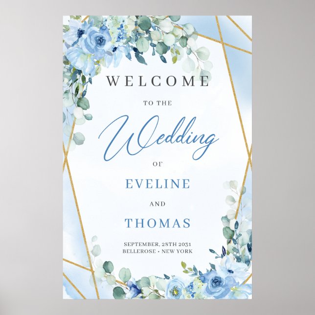 Ice blue floral eucalyptus & gold frame welcome poster (Front)