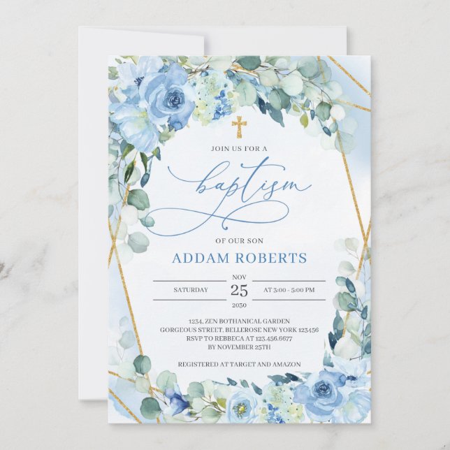 Ice Blue Floral Gold Geometric Frame Boy Baptism Invitation (Front)