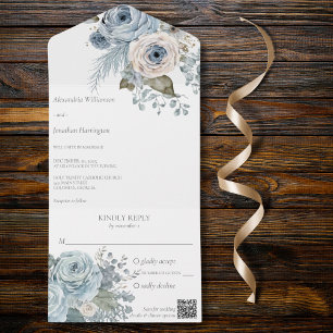 Ice Blue Floral on White QR Code All In One Invitation