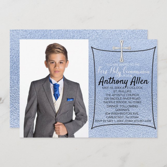 Ice Blue Foil Photo First Holy Communion Invitation (Front/Back)