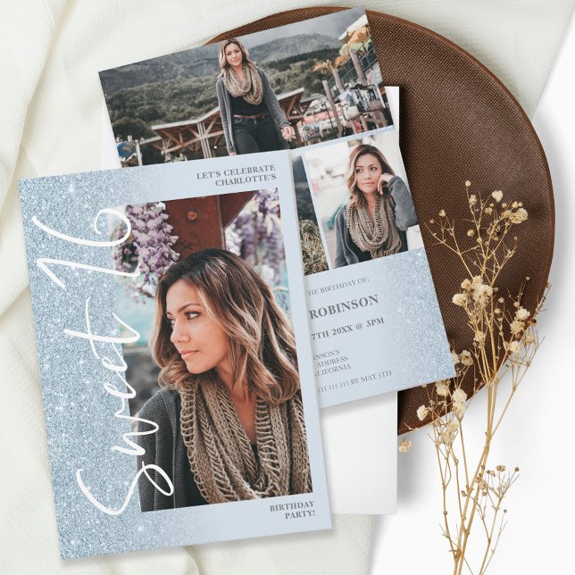 Ice blue glitter ombre script 4 photos Sweet 16 Invitation (Creator Uploaded)