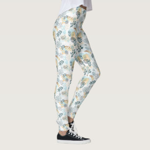 Ice blue gold white foliage pattern leggings