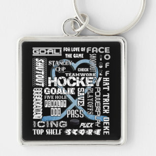 Ice Blue Heart Hockey Words White Logo Key Ring