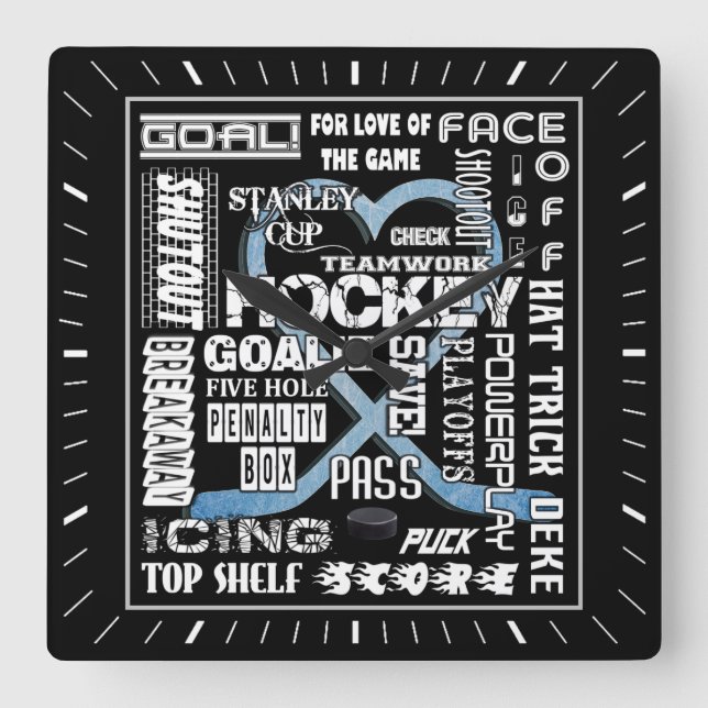 Ice Blue Heart Hockey Words White Logo Square Wall Clock (Front)