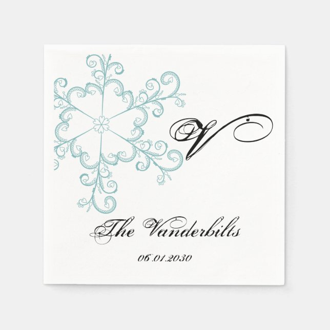 Ice Blue Heart Snowflake Wedding Napkin (Front)