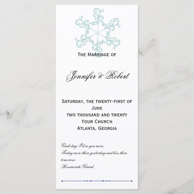 Ice Blue Heart Snowflake Wedding Program (Front)