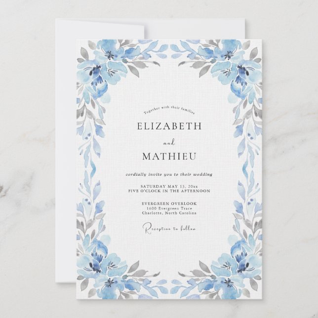 Ice Blue Hydrangea Eucalyptus Wedding Invitation (Front)