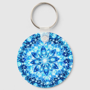 Ice Blue Kaleidoscope Mandala - Frost Glow Keychai Key Ring