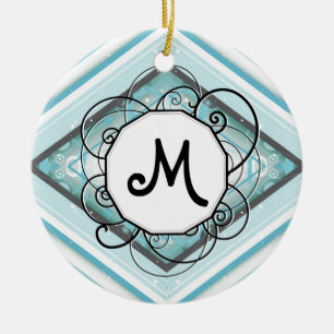 Ice Blue Modern-Retro Stripe Diamond with Monogram Ceramic Ornament