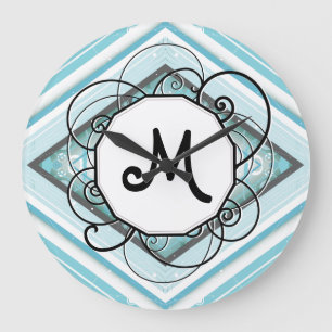 Ice Blue Modern-Retro Stripe Diamond with Monogram Large Clock
