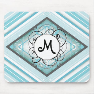 Ice Blue Modern-Retro Stripe Diamond with Monogram Mouse Pad