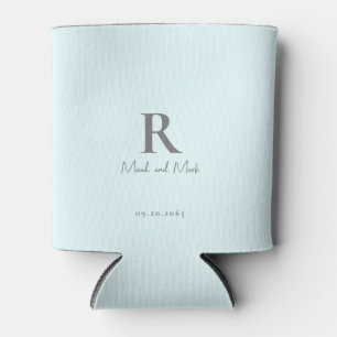 Ice Blue Monogram and Couple Names Wedding Can Cooler