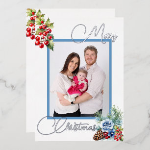 Ice Blue on White with Berries Christmas Greeting Foil Holiday Card