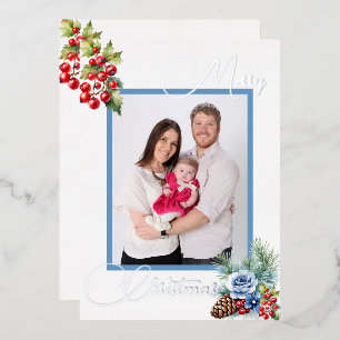 Ice Blue on White with Berries Christmas Greeting Foil Holiday Card