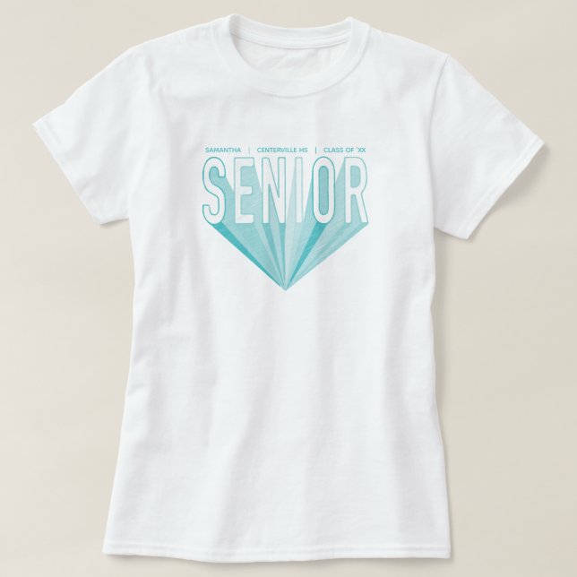Ice Blue Pencil Sketch Senior Radiating Letters T-Shirt (Design Front)