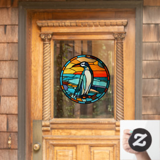 Ice Blue Penguin Sunset Faux Stained Glass