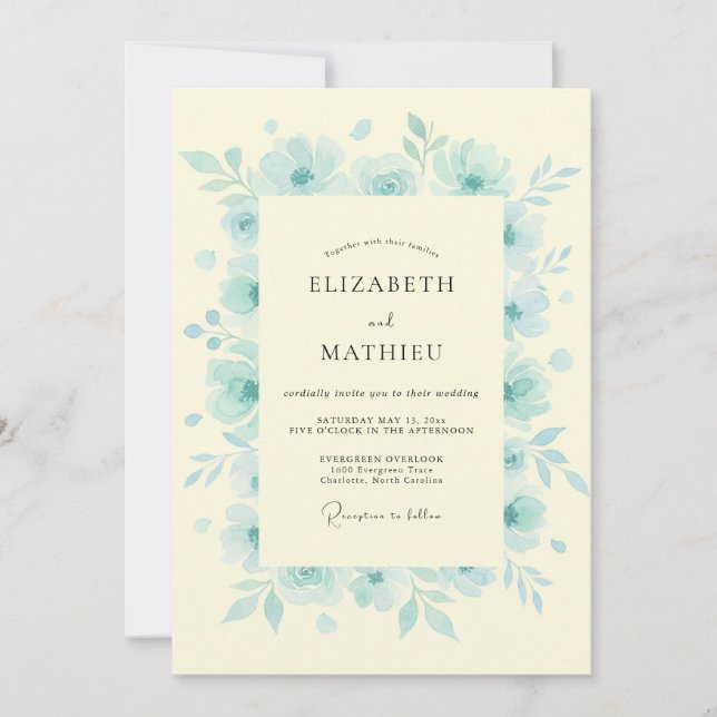 Ice Blue Serene Floral Wedding Invitation (Front)