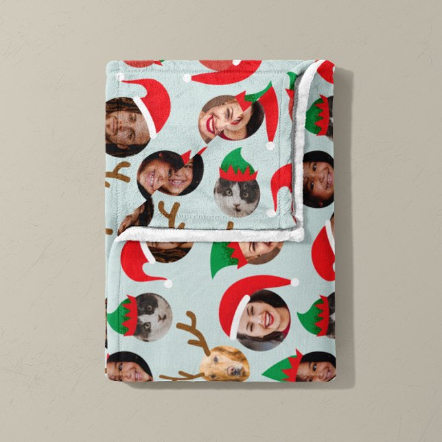 Ice Blue Silly Christmas Crew Six Photos Fleece Blanket (Christmas Crew six photo fleece blanket with classic red and green hat on ice blue background)