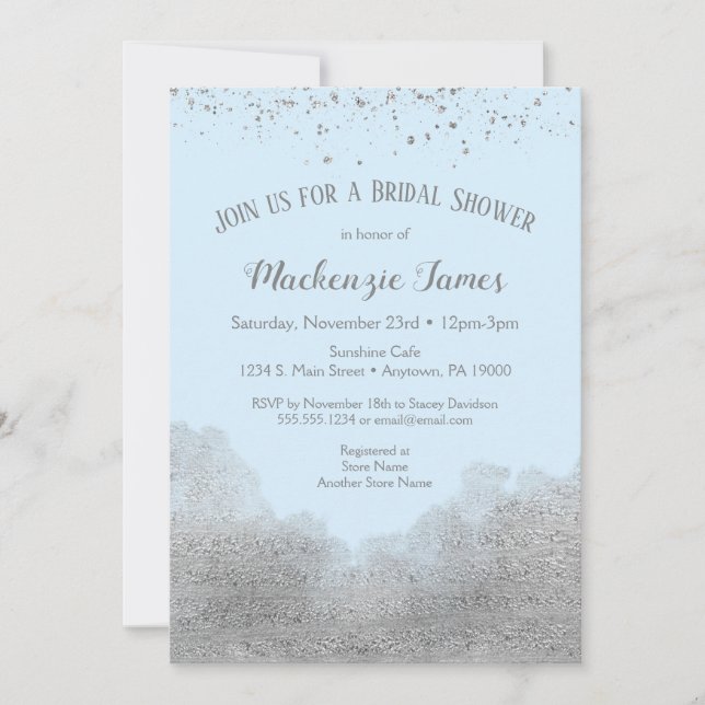 Ice Blue Silver Confetti Bridal Shower Invitation (Front)
