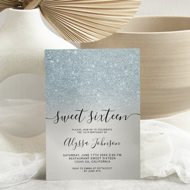 Ice blue silver glitter holographic photo sweet 16 invitation (Creator Uploaded)