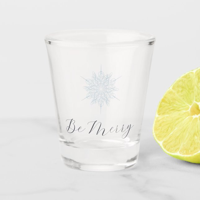 Ice Blue Snowflake Elegant Be Merry Shot Glass (Front)