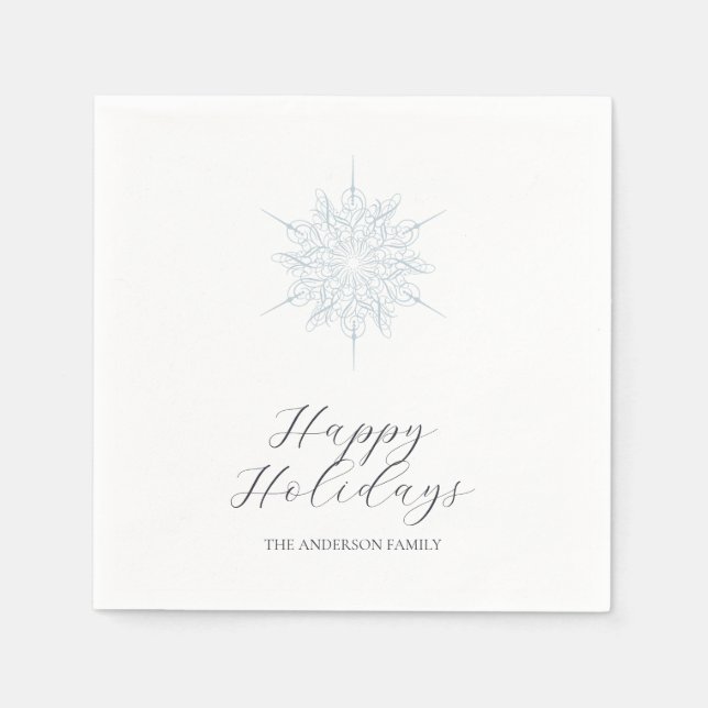 Ice Blue Snowflake Happy Holidays Family Name Napkin (Front)