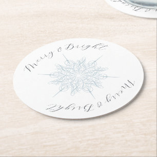 Ice Blue Snowflake Merry & Bright Round Paper Coaster