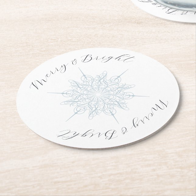 Ice Blue Snowflake Merry & Bright Round Paper Coaster (Angled)