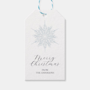 Ice Blue Snowflake Merry Christmas Family Name Gift Tags