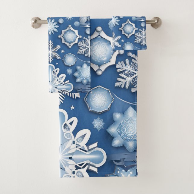 Ice Blue Snowflake Motif Bath Towel Set (Insitu)