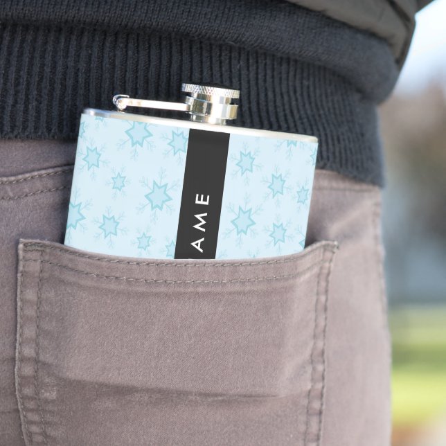 Ice Blue Snowflakes, Your name, Personalise Hip Flask (In Situ)