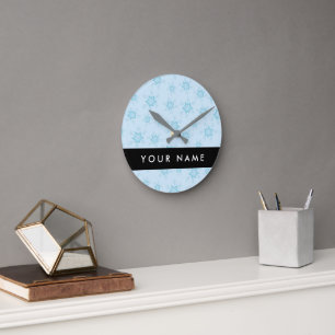 Ice Blue Snowflakes, Your name, Personalise Round Clock