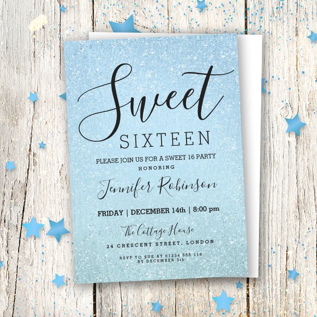 Ice Blue Sweet 16 Birthday Glitter Look Paint Invitation (Creator Uploaded)