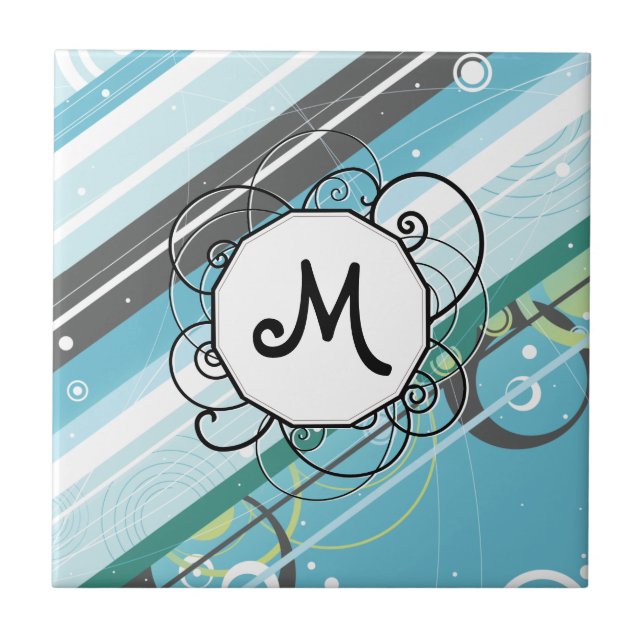 Ice Blue & Teal Modern-Retro Stripes with Monogram Ceramic Tile (Front)