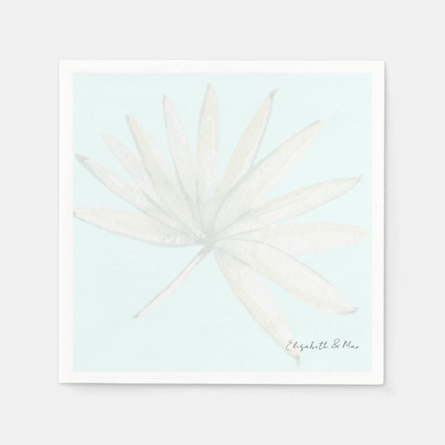 Ice Blue Tropical Couple Script Names Wedding Napkin (Front)