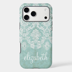 Ice Blue Vintage Damask Pattern Grungy Finish