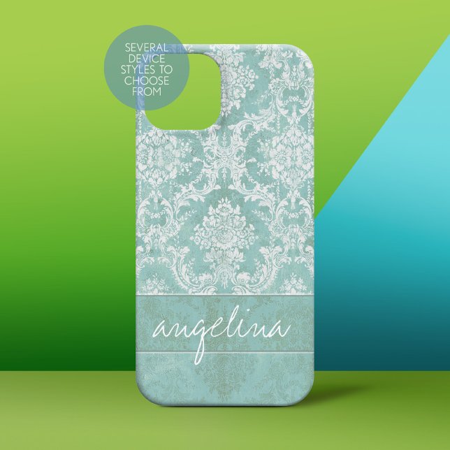 Ice Blue Vintage Damask Pattern with Grungy Finish (Personalized Phone Case)