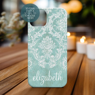 Ice Blue Vintage Damask Pattern with Grungy Finish