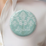 Ice Blue Vintage Damask Pattern with Grungy Finish 6 Cm Round Badge<br><div class="desc">A vintage pattern with a chalkboard and lace design. Look closely to the flowers and leaves.A trendy design with jewel tone colours and elegance. Items are easier to customise when you replace all text and photos first. If your art still needs to be adjusted, click on the Customise This button....</div>