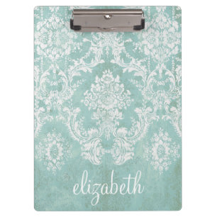 Ice Blue Vintage Damask Pattern with Grungy Finish Clipboard