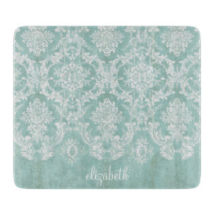 Ice Blue Vintage Damask Pattern with Grungy Finish Cutting Board