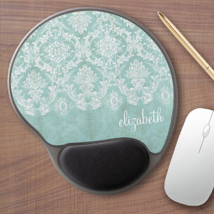 Ice Blue Vintage Damask Pattern with Grungy Finish Gel Mouse Pad