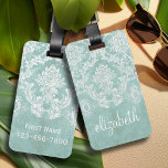Ice Blue Vintage Damask Pattern with Grungy Finish Luggage Tag<br><div class="desc">A vintage pattern with a chalkboard and lace design. Look closely to the flowers and leaves.A trendy design with jewel tone colours and elegance. Items are easier to customise when you replace all text and photos first. If your art still needs to be adjusted, click on the Customise This button....</div>