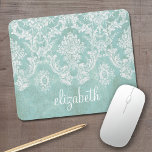 Ice Blue Vintage Damask Pattern with Grungy Finish Mouse Pad<br><div class="desc">A vintage pattern with a chalkboard and lace design. Look closely to the flowers and leaves.A trendy design with jewel tone colours and elegance. Items are easier to customise when you replace all text and photos first. If your art still needs to be adjusted, click on the Customise This button....</div>