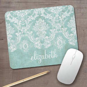 Ice Blue Vintage Damask Pattern with Grungy Finish Mouse Pad