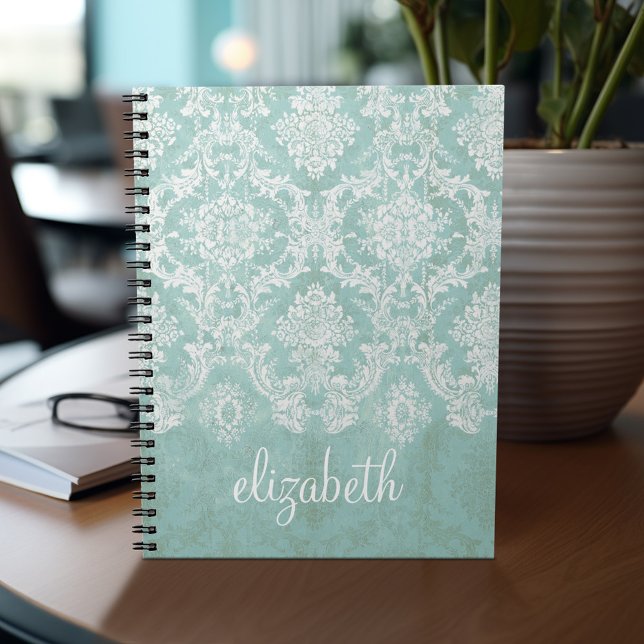 Ice Blue Vintage Damask Pattern with Grungy Finish Notebook (Personalized notebook - add your name or other text)