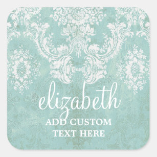 Ice Blue Vintage Damask Pattern with Grungy Finish Square Sticker
