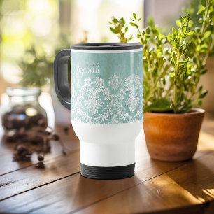 Ice Blue Vintage Damask Pattern with Grungy Finish Travel Mug