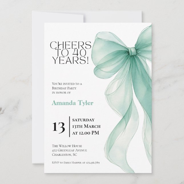 Ice Blue Watercolor Bow 40th Birthday Invitation (Front)